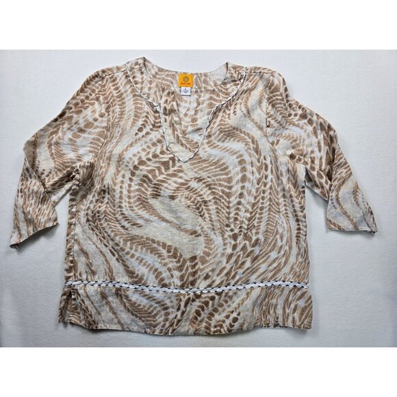 Ruby Rd. Tops - Ruby Rd. Womens XL 100% Linen Beige/Brown Printed V-Neck 3/4 Sleeve Top
